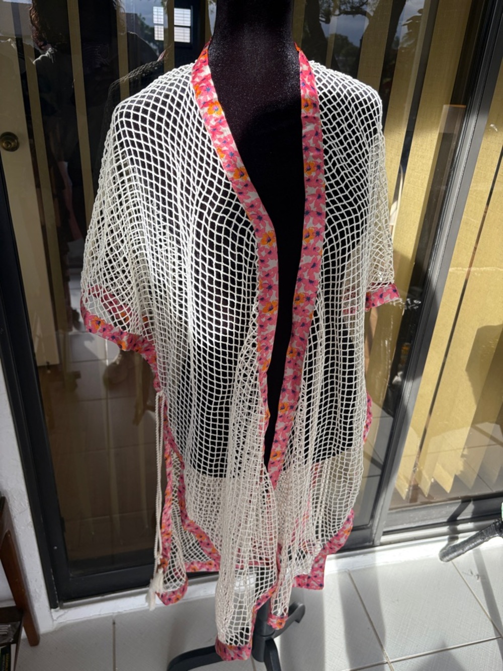 White Crochet Kimono with Pink Floral Trim